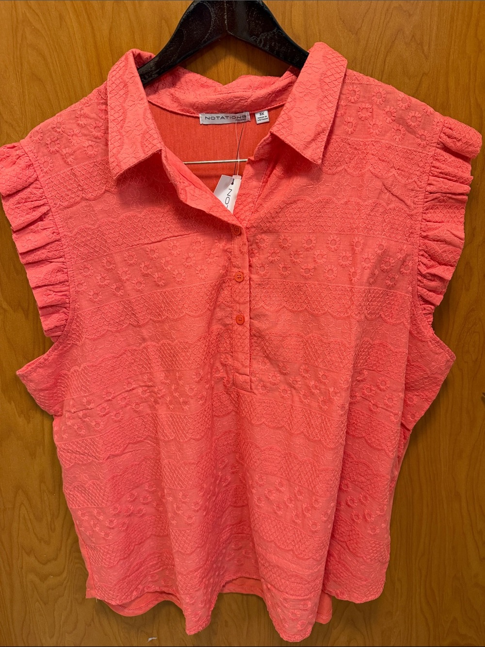 🪸🪸🪸BOGOHO🪸🪸🪸Notations Coral Eyelet Ruffle Sleeve Polo Blouse-3X